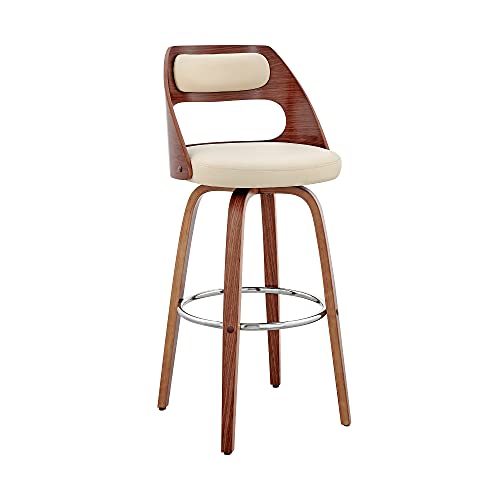 Armen Living Julius Mid Century Modern Swivel Bar Stool for Kitchen Island Counter in Cream Faux Leather and Walnut Wood, 26' Seat Height