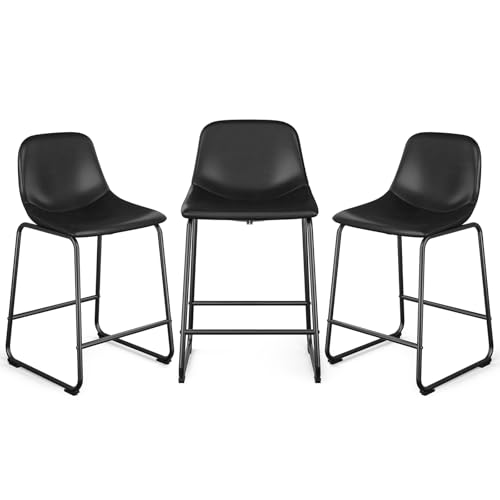 Rfiver Pu Faux Leather Bar Stools Set of 3, Industrial Pub Barstools with Back and Footrest, Modern Armless Bar Height Stool Chairs (Black, 24' Counter Chair x3)
