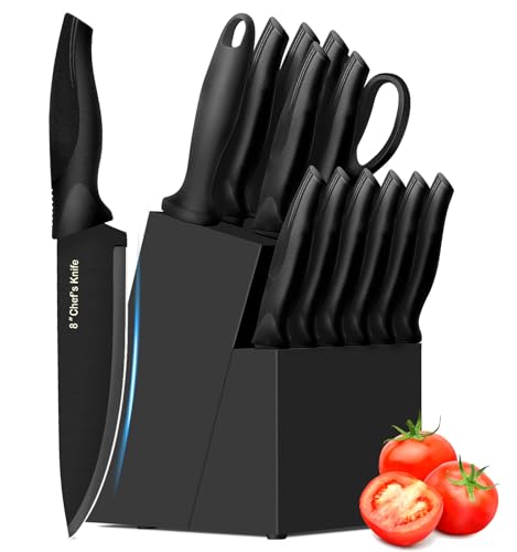 XANAPON Knife Set, 14 Pieces Kitchen Knife Set, High Carbon German Stainless Steel, Dishwasher Safe Cutlery with Sharpener, Black