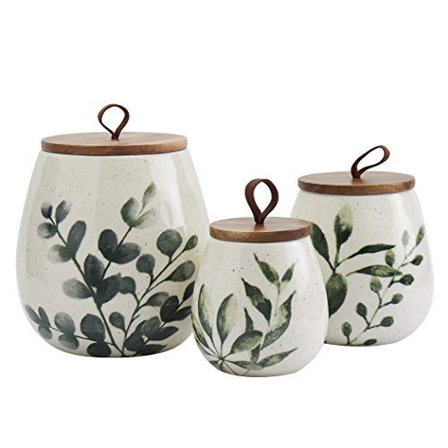 TTU Tabletops Gallery Ceramic Canister Collection- Stoneware Designed Kitchen Storage Acacia Wood White Set, 3 Piece Green Leaf Canister Set