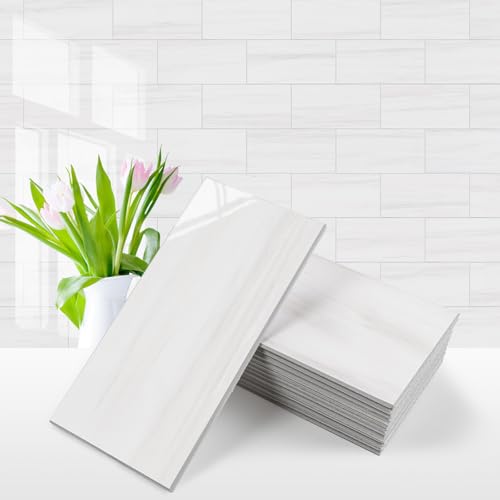 Vamos Tile 100-Piece Glossy Dolomite White Peel and Stick Backsplash Tile,3''x6'' PVC Subway Tile with White Grout, Stick on Backsplash for Kitchen/Bathroom/Fireplace