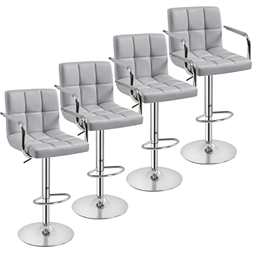 Yaheetech Bart Stools Set of 4, PU Leather Adjustable Barstools with Armrest, Counter Height Stool Chairs with Thickened Seat Cushion for Kitchen Island, Light Grey