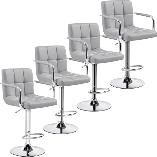 Yaheetech Bart Stools Set of 4, PU Leather Adjustable Barstools with Armrest, Counter Height Stool Chairs with Thickened Seat Cushion for Kitchen Island, Light Grey