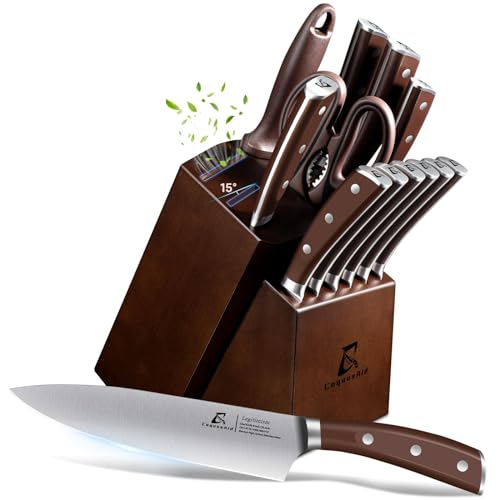 CoquusAid Knife Set, New 15° Beveled Easy Insert, 15 Pcs Kitchen Knife Block Set with Block and Sharpener, German Vacuum Oil Cooled Crafted, Countertop-Free Steak Knife Set, Stainless Steel Brown