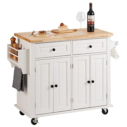 VEVOR Kitchen Island Cart with Solid Wood Top, 35.4' Width Mobile Carts with Storage Cabinet, Rolling Kitchen Table with Spice Rack, Towel Rack, and Drawer, Portable Islands on Wheels, White