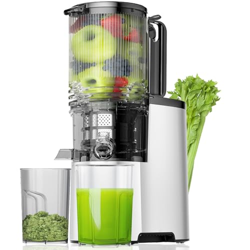 Cold Press Juicer, 5.8' Wide Feed Chute Juice Extractor Machine with 400W, High Juice Yield, Slow Masticating Juicer for Whole Vegetables & Fruits, Metallic Silver