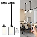 Racokky Modern Pendant Lights Kitchen Island 2 Pack, Height Adjustable Hanging Lighting Fixtures with Remote, 3 Color Modes, Ceiling Lighting for Dining Room Bedroom Farmhouse - Black