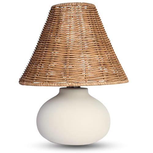 11' Small Table Lamp – Handmade Ceramic Cream Base with Wicker Rattan Shade, Dimmable Plug-in Nightstand Light for Bedroom, Kitchen Counter, or Small Spaces – Boho Japandi Organic Decor