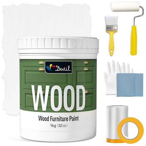 DWIL Matte Finish Furniture Paint - 32 Oz Wood Paint for Cabinets, Doors, Tables, and Dressers Refinishing - Water-Based, Non-Toxic & Odorless, Easy to Apply(White)-With Tools