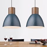 ELYONA 2 Pack Modern Hammered Pendant Lights 10.2” Blue Solid Wood Hanging Lamp, Adjustable Height, Industrial Metal Pendant Lighting for for Farmhouse, Kitchen Island, Dining Room,Bedroom,Bar,Office