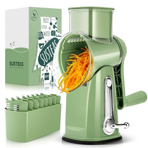 SUSTEAS Rotary Cheese Grater with Handle - Vegetable Shredder with 5 Well-designed Blades & Strong Suction Base,Round Mandoline Slicer & Food Chopper for Kitchen,with Blade Storage Box(Retro Green)