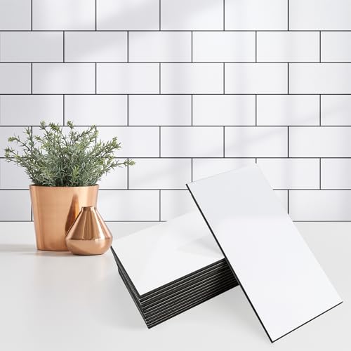 StyloVue 100 Pieces Peel and Stick Backsplash for Kitchen, 3' x 6' PVC Subway Tile 2025 Upgraded Glossy White with Dark Gray Grout Backsplash Stick on Tile Elevate Kitchen, Bathroom, Fireplace,RV