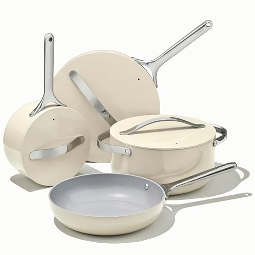 Caraway Nonstick Ceramic Cookware Set (12 Piece) Pots, Pans, 3 Lids and Kitchen Storage - Non Toxic - Oven Safe and Compatible with All Stovetops - Cream