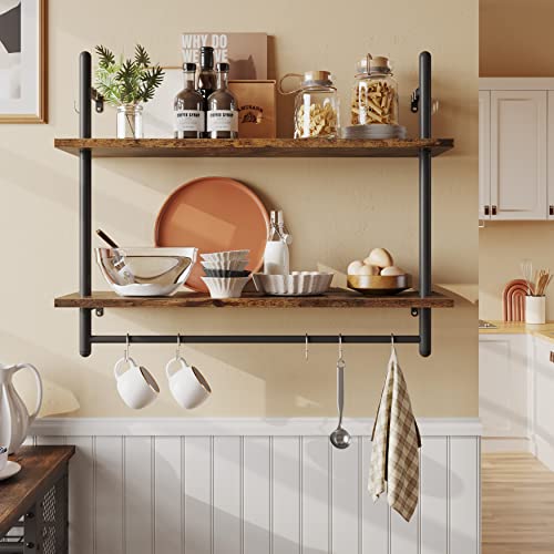 Bestier Pipe Shelf Industrial Floating Shelving 31' Kitchen Wall-Mounted Shelf with Towel Bar Hooks Coffee Bar Shelf Wine Hanging Display Rack Bookshelf Living Room Decor Bathroom-Rustic Brown