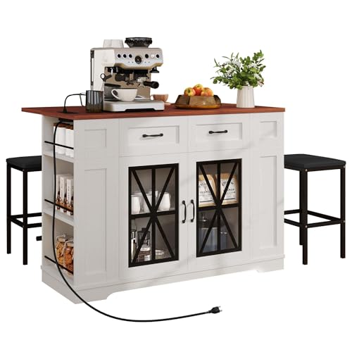 DWVO Kitchen Island Set with 2 Stools and Drop Leaf 3 Piece Kitchen Dining Table Set, 47 Inch Kitchen Island with Seating, Storage Cabinet on Wheels with Power Outlet, Spice Rack (Off White Walnut)