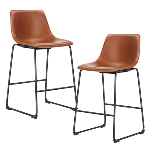 Sweetcrispy Counter Height Bar Stools Set of 2, 26 inch Height Stool Faux Leather Barstools with Back, Armless Kitchen Island Countertop Comfortable Modern Chairs with Metal Legs - Brown