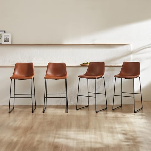 DUMOS 26 Inch Counter Height Bar Stools Set of 4, Modern Faux Leather High Barstools with Back and Metal Leg, Bar Chairs for Kitchen lsland, Elegant Brown