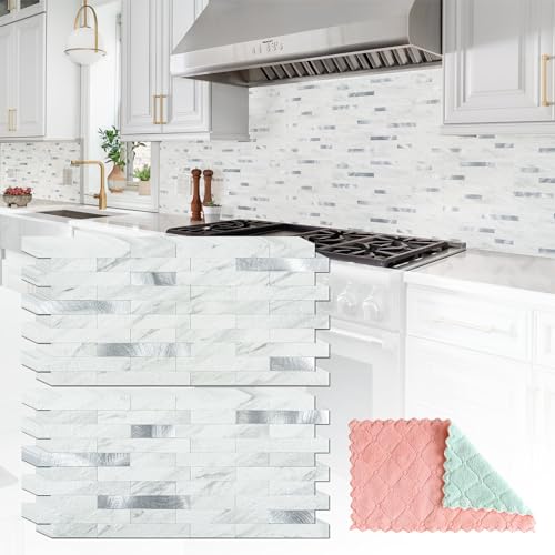 StyloVue 20 Sheets Peel and Stick Backsplash for Kitchen, White Marble with Metal Silver Look Stick on Tile Upgrade Your Kitchen Backsplash, RV, Fireplace