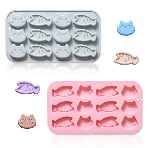2 Pack Cat and Fish Shaped Silicone Mold, 12 Cavity 3D Mini Fishes Cat Treat Silicone Tray Baking Tools for Candy Chocolate Biscuit Cookie Dog Snacks Soap Resin Clay