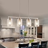 Mecgirn Island Light for Kitchen, Brushed Nickel Dining Room Light Fixture Over Table, 4-Light Linear Chandelier Pendant Lighting for Dining Table Kitchen Island Living Room