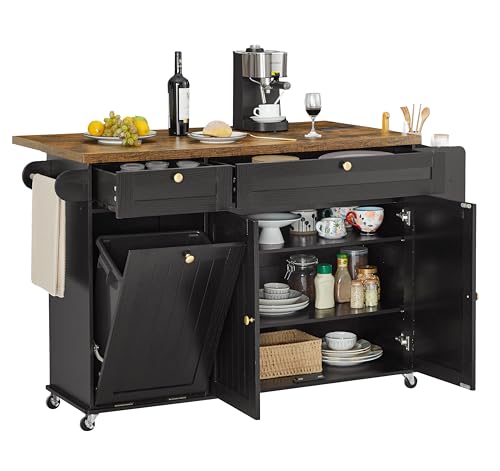 60' Kitchen Island with Power Outlet & Drop Leaf, Kitchen Rolling Island with Spice Rack & Towel Rack, Knife Holder, Kitchen Island Cart with Trash Storage Cabinet, Mobile Island Table for Kitchen