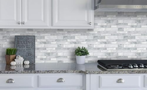 Yoillione Peel and Stick Backsplash Kitchen: 10-Sheet Back Splash Stick on Tile for Kitchen and Bathroom Subway Tile - 12'X12' Grey Self Adhesive Wall Tiles Marble