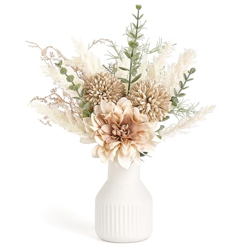 Mkono Small Artificial Flowers in Ceramic Vase 13.5' Centerpieces Coffee Table Decor, Silk Flower Arrangements for Home Decor Indoor Fake Flower Bouquet for Dining Room Kitchen Wedding, Brown