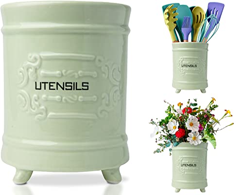 French Green Ceramic Utensil Holder - Vintage Style Kitchen Utensil Caddy - Antique Design Cooking Utensil Organizer - Rustic French Country Utensil Crock for Cooking Enthuziast