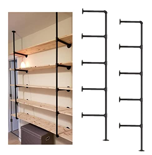 Industrial Wall Mount Iron Pipe Shelf, 5 Shelves Shelving Bracket Black Vintage Retro Ceiling Hung shelf DIY Open Bookshelf Storage for offcie Room Kitchen (2PcsX5Tier,68' Tall,10'deep,Hardware Only)