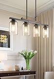 Amico Dining Room Light Fixture 4-Light Kitchen Island Lighting with Adjustable Rods, Farmhouse Decor Black Metal & Wood Chandelier with Seeded Glass Shade, Island Lights for Kitchen