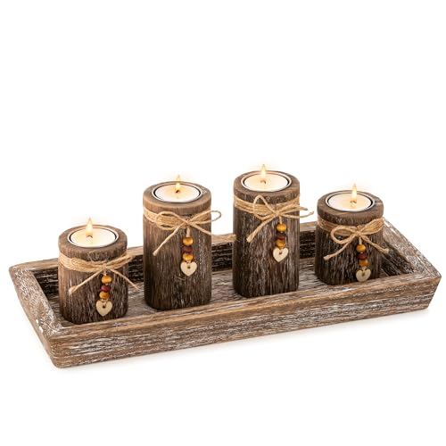 Farmhouse Coffee Table Decor Candle Holder - Romadedi Boho Wooden Tray with 4 Tealight Candles Holders for Tables Centerpiece Home Decorations Living Room Fireplace Kitchen