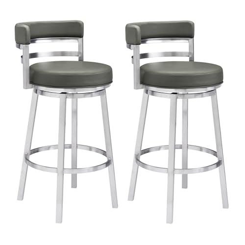 Armen Living Madrid 26' Counter, Set of 2 Height Swivel Modern Gray Faux Leather and Brushed Stainless Steel Bar Stool for Kitchen Island Counter, Set of 2