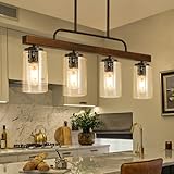 Farmhouse Dining Room Light Fixture, 4-Light Wood Kitchen Island Lighting, Industrial Chandeliers for Dining Room Over Table Black Pendant Light with Seeded Glass Shade for Bar Restaurant