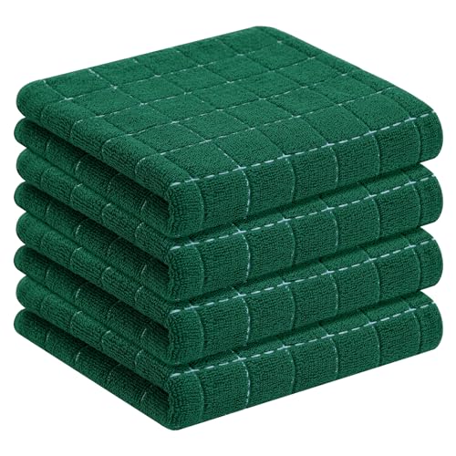 Homaxy 100% Cotton Terry Kitchen Towels(Dark Green, 13 x 28 inches), Checkered Designed, Soft and Super Absorbent Dish Towels, 4 Pack