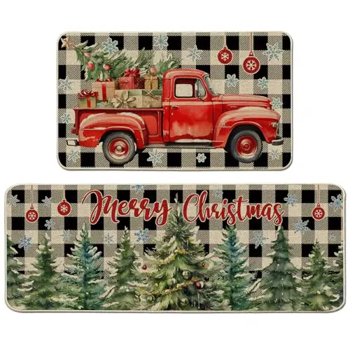 cusugbaso Christmas Kitchen Mats for Floor, Christmas Kitchen Rugs Set of 2 - Farmhouse Truck Black and White Buffalo Plaid Christmas Decor - Christmas Decorations for Home, Indoor 17'x27+17'x47'