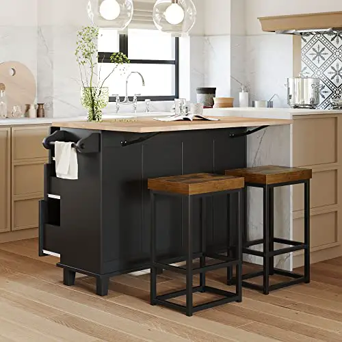 Bellemave 3 Piece Kitchen Bar Table Set Kitchen Island Set with 2 Stools and Drop Leaf, Island Table Set with Seating, Storage Cabinet, Drawers and Towel Rack (Black)