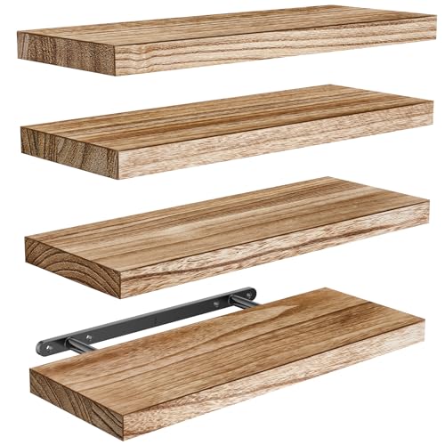 AMADA HOMEFURNISHING Floating Shelves, Paulownia Wood Wall Shelves for Bathroom/Living Room/Bedroom/Kitchen/Home Office, Wood Floating Shelf for Home Storage & Organization Set of 4 15.7' L x 5.9' W