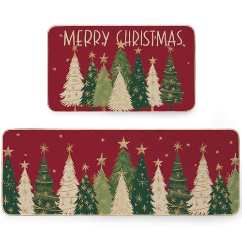 DineDia Red Tree Merry Christmas Kitchen Mats Set of 2,Xmas Star Winter Seasonal Farmhouse Home Seasonal Decorations Rugs for Floor- 17x29 and 17x47 Inch DKM011