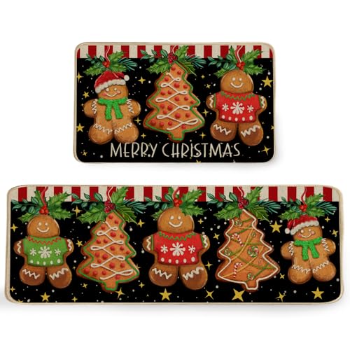 DineDia Gingerbread Man Merry Christmas Kitchen Mats Set of 2,Xmas Candy Cookie Holiday Party Seasonal Home Decor Winter Kitchen Rugs for Floor - 17x29 and 17x47 Inch DKM008