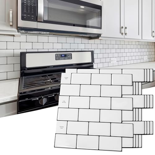 Art3d 10-Sheet Backsplash Tile for Kitchen Peel and Stick, 12'x12' Stick on Subway Tiles for Kitchen, Bathroom Back Splashes, White-Black Grout