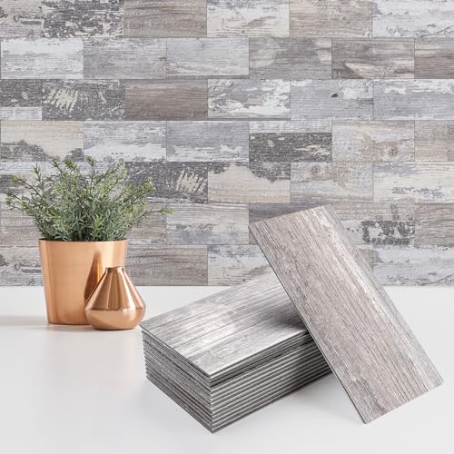 StyloVue 100 Pieces Peel and Stick Backsplash for Kitchen, 3' x 6' PVC Subway Tile Upgraded Distressed Wood Backsplash Stick on Tile Elevate Kitchen, Bathroom, Fireplace,RV