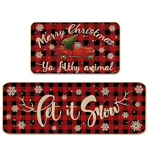 Merry Christmas Kitchen Rugs - 2 Piece Ya Filthy Animal Kitchen Mats Set Non-Slip Kitchen Backing Area Rugs let it Snow of The Year Decoration Doormat (17' x 29' + 17' x 47')