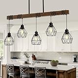 5-Light Kitchen Island Lighting Hanging for Farmhouse Linear Chandeliers,Dining Room Light Fixture/Chandelier Over Table,Matte Black Rustic Wood Ceiling Pendant Light Fixtures with Metal lampshade