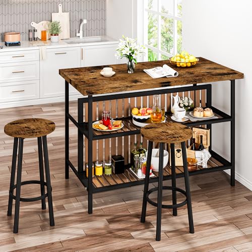 DKLGG Kitchen Island with Seating & Storage, Farmhouse Dining Table Set for 2, Space-Saving 3 Piece Dining Set Table & Chairs Island Table for Kitchen, Apartment, Dining Room, Rustic Brown