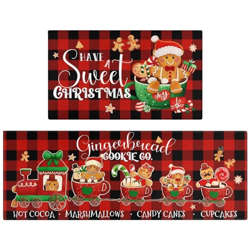 Xsinufn Merry Christmas Kitchen Rugs and Mats Set of 2,Buffalo Plaid Gingerbread Hot Cocoa Xmas Winter Holiday Sink Floor Mat Non Skid Washable for Home Farmhouse Christmas Decor 17'x47'+17'x30'