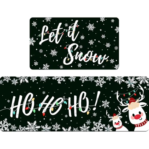 Mocsicka Let It Snow Kitchen Rug Set of 2, Winter Snowflake Deer Non Slip Kitchen Mats for Floor, Winter Merry Christmas Home Decor Kitchen Floor Rugs for Hallway Laundry Room, 17'x30'+17'x47'