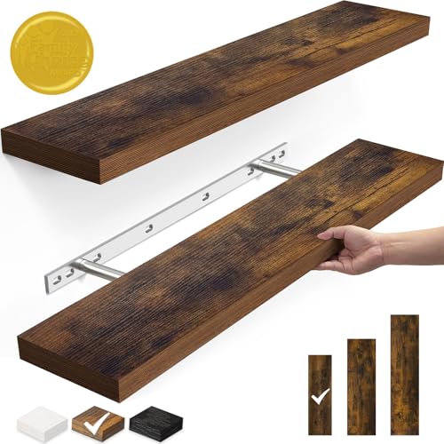 BAYKA Floating Shelves, 22.5' Wall Mounted Wood Shelves for Bathroom, Bedroom, Living Room, Kitchen, Hanging Shelf for Books/Storage/Decor with 22lbs Capacity (Rustic Brown,Set of 2)