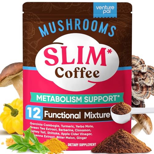 Venture Pal Slim Mushroom Coffee for Weight Loss, Instant Coffee with Berberine, Cinnamon, Yerba Mate, Turmeric, & More, 1800mg(10:1) Extract for Diet Support & Metabolism Boost - 40 Servings