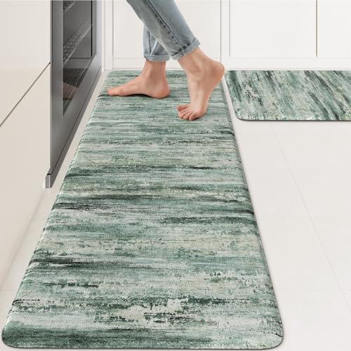 KIMODE Kitchen Mats Cushioned Anti Fatigue, Abstract Kitchen Rugs Sets of 2, Non Slip Kitchen Mats for Floor, Padded Kitchen Floor Mats for Sink Laundry Office Desk Green Multi 17'x47'+17'x29'