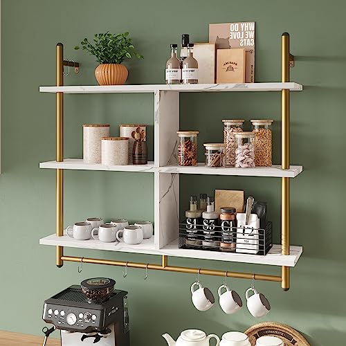 Bestier Kitchen Shelves Wall Mounted Floating Pipe Shelving 3 Tier 41.5' Coffee Bar Shelf with Holder Wall Display Storage Rack Kitchen Organization and Home Decor, White Faux Marble